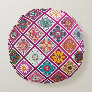 Moroccan Bohemian Mandala Tiles Round Cushion