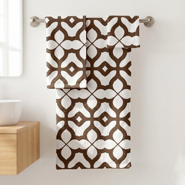 Moroccan Boho Chic Geometric Pattern Brown White  Bath Towel Set (Creator Uploaded)