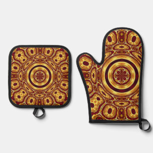Moroccan Boho Red Gold Abstract Pattern Oven Mitt & Pot Holder Set