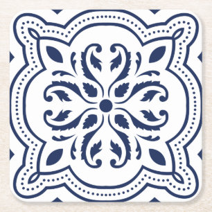 Moroccan bold blue geometric motif  square paper coaster