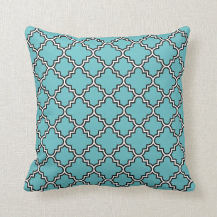 Moroccan Clover Quatrefoil Turquoise White Black Cushion