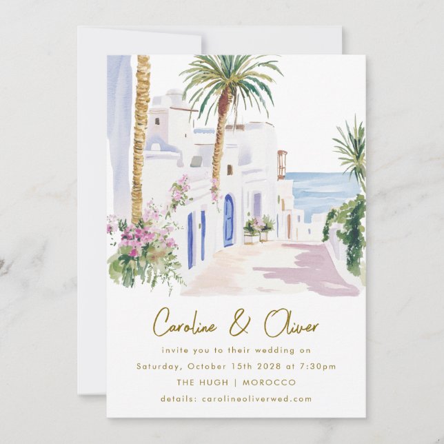 Moroccan Coastal Watercolor Destination Wedding Invitation (Front)