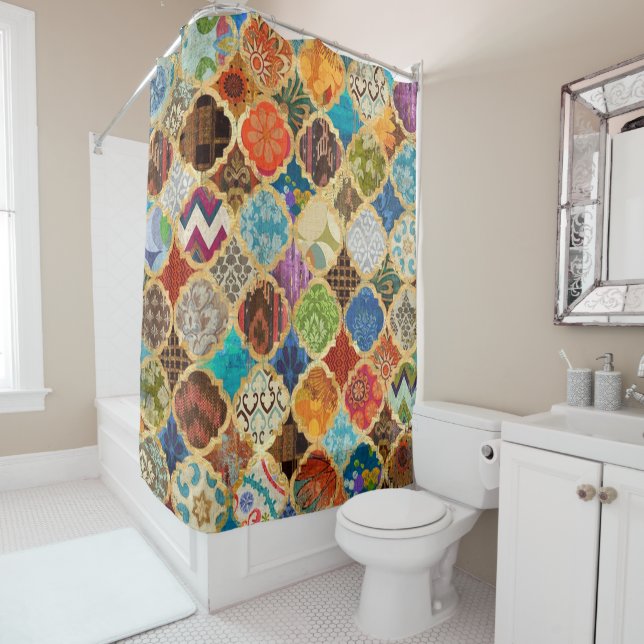 Moroccan Colourful Gold Cool Modern Pattern Boho  Shower Curtain (In Situ)
