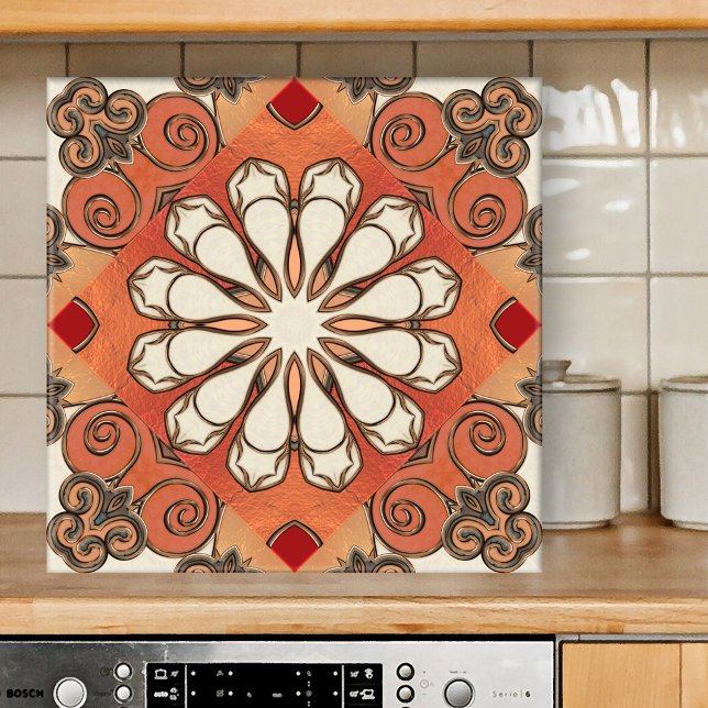 Moroccan Earth Pattern Geometric Ceramic Tile (Tile featuring an abstract floral geometric pattern in Moroccan Mediterranean style in earth tones)