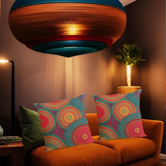 Moroccan exotic red orange blue green circle  cushion (Creator Uploaded)