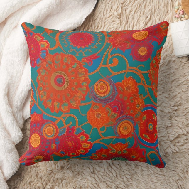 Moroccan fabric exotic red orange blue teal  cushion (Blanket)