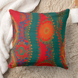 Moroccan fabric exotic red orange blue teal gold 2 cushion