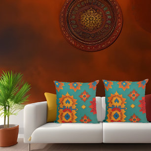 Moroccan fabric exotic red orange teal green L Cushion