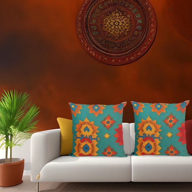 Moroccan fabric exotic red orange teal green L Cushion (Creator Uploaded)