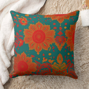 Moroccan fabric exotic red orange teal green O Cushion