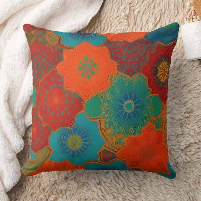 Moroccan fabric exotic red orange teal green Q Cushion (Blanket)