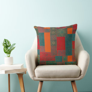 Moroccan fabric exotic red orange teal green sq cushion