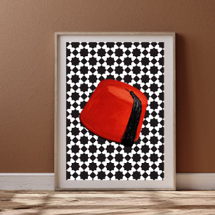 Moroccan Fez Hat- Red Tarboosh with Geometric Tile Poster
