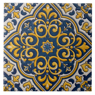 Moroccan Floral Arabesque Blue Yellow Pattern Ceramic Tile