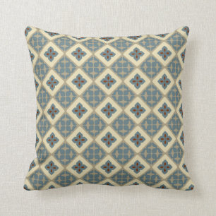 Moroccan Floral Tile Pattern Blue Tan Red Cushion
