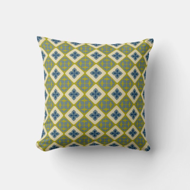 Moroccan Floral Tile Pattern Chartreuse Green Blue Cushion (Front)