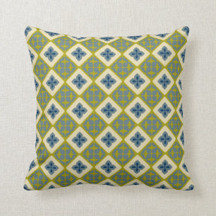 Moroccan Floral Tile Pattern Chartreuse Green Blue Cushion