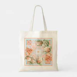 Moroccan Floral Tile Tote Bag Coral & Sage Print