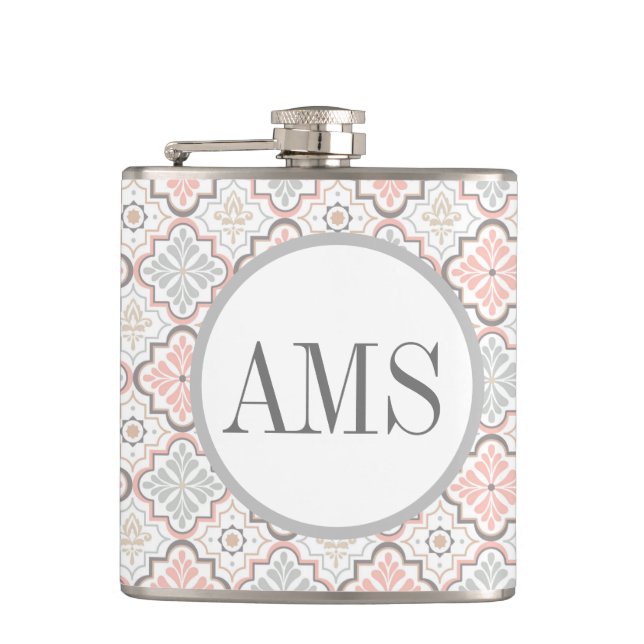 Moroccan Flowers Monogram Personalized Hip Flask (Front)