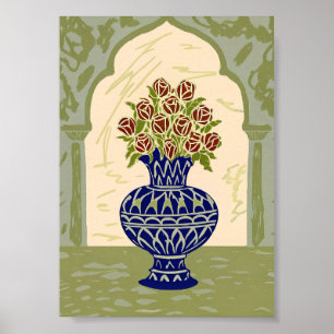 Moroccan Geometric Blue Vase with Red Roses Poster
