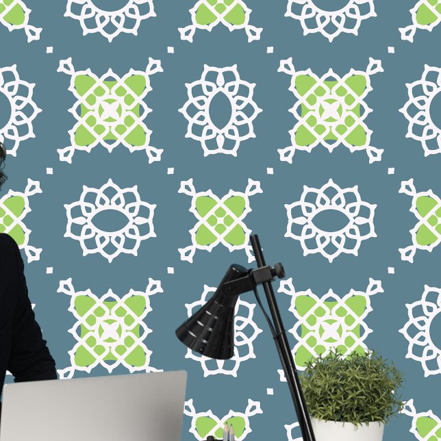 Moroccan Geometric Deep Blue Lime Green White  Wallpaper (Creator Uploaded)