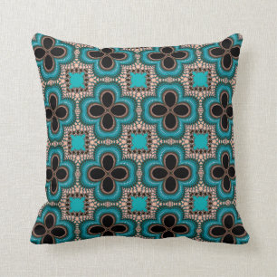 Moroccan Geometric Floral Pattern Teal Tan Black Cushion