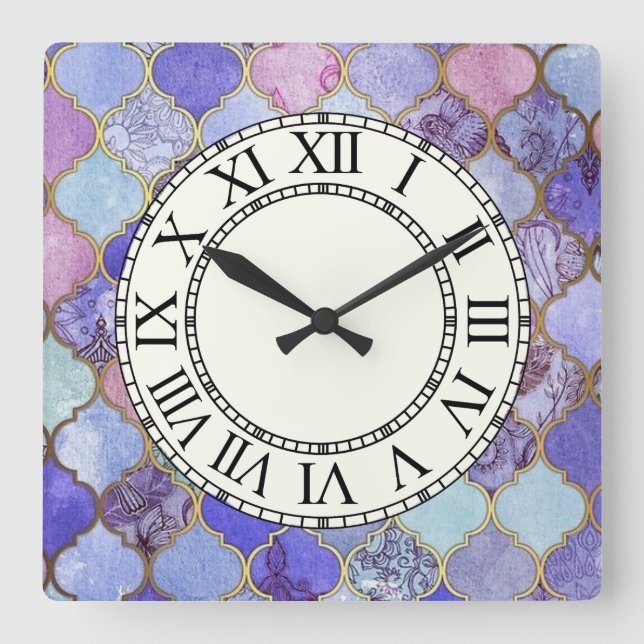 Moroccan Glass Tile and Fancy Face Square Wall Clock (Front)
