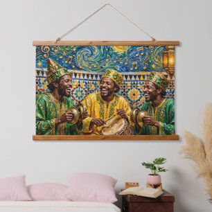 Moroccan Gnawa Musicians Starry Night Impasto Oil Hanging Tapestry
