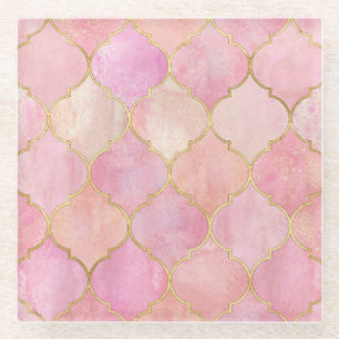 Moroccan Gold Line: Pink Watercolor Glass Coaster