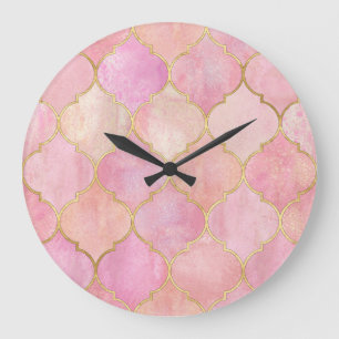 Moroccan Gold Line: Pink Watercolor Large Clock
