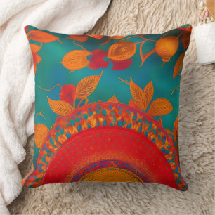 Moroccan gold red orange teal blue autumn leaves cushion