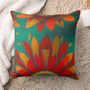 Moroccan gold red orange teal blue flower cushion