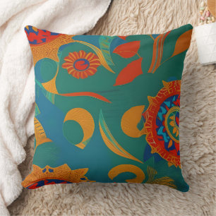 Moroccan gold red orange teal blue leaf Mandela  Cushion