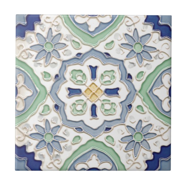 Moroccan Green and Blue Print Tile (Front)