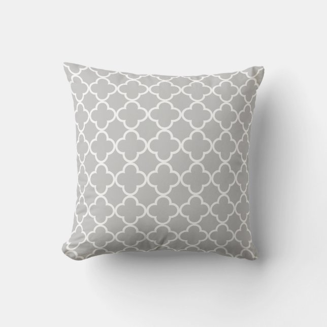 Moroccan Grey White Quatrefoil Pattern Cushion (Front)