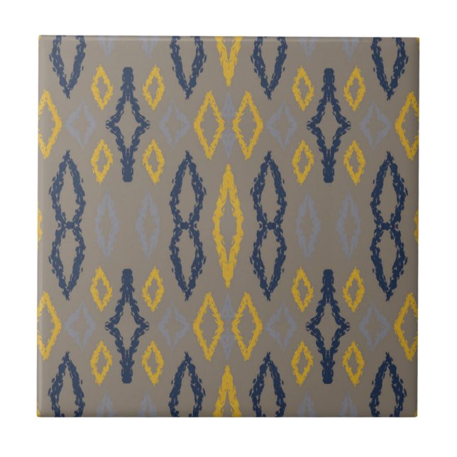 Moroccan Ikat Blue Yellow Grey Pattern   Ceramic Tile (Front)
