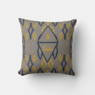 Moroccan Ikat Blue Yellow Grey Personalised Cushion
