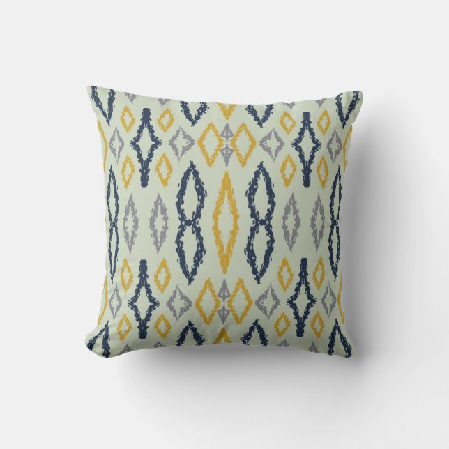 Moroccan Ikat Blue Yellow Mint Pattern Cushion (Front)