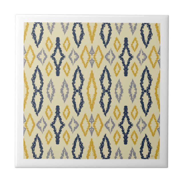 Moroccan Ikat Blue Yellow Pattern Ceramic Tile (Front)
