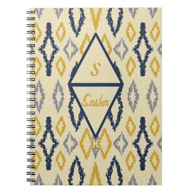 Moroccan Ikat Blue Yellow Personalised Notebook (Front)