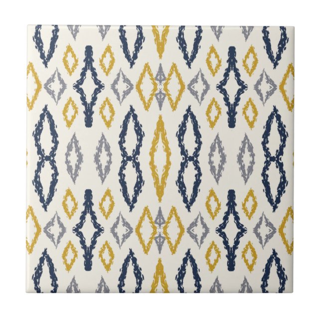 Moroccan Ikat Blue Yellow White Pattern  Ceramic Tile (Front)