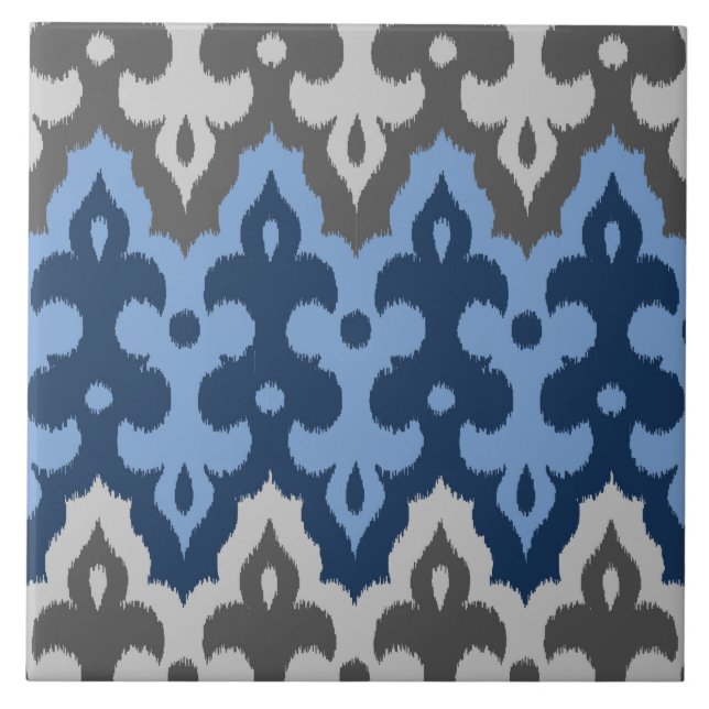 Moroccan Ikat Damask, Blue and Grey / Grey Ceramic Tile (Front)