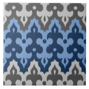 Moroccan Ikat Damask, Blue and Grey / Grey Ceramic Tile