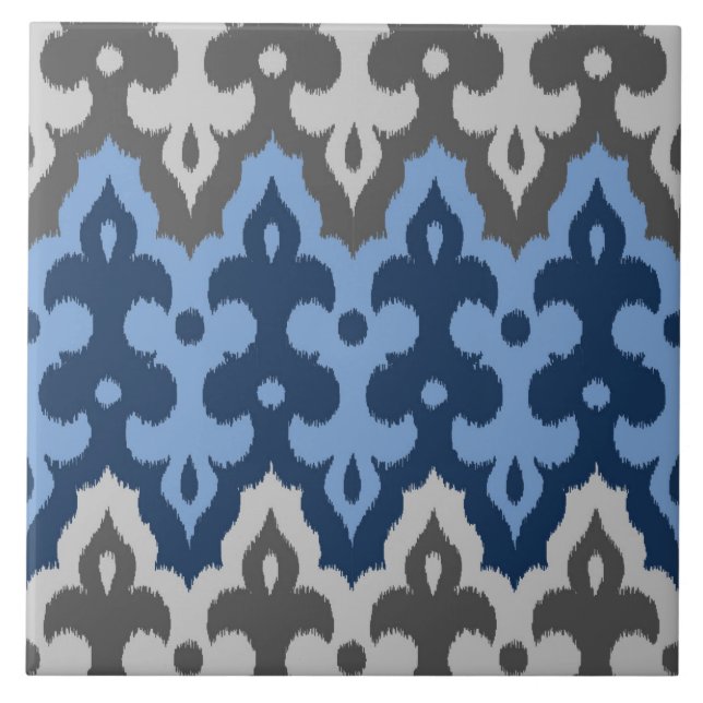 Moroccan Ikat Damask, Blue and Grey / Grey Ceramic Tile (Front)