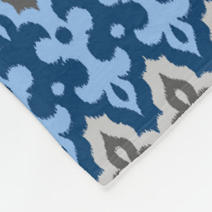 Moroccan Ikat Damask, Blue and Grey / Grey Fleece Blanket