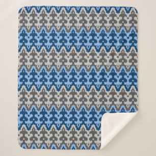 Moroccan Ikat Damask, Blue and Grey / Grey Sherpa Blanket