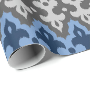 Moroccan Ikat Damask, Blue and Grey / Grey Wrapping Paper