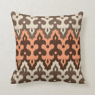 Moroccan Ikat Damask, Brown, Taupe & Coral Cushion