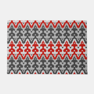 Moroccan Ikat Damask, Graphite Grey and Red Doormat