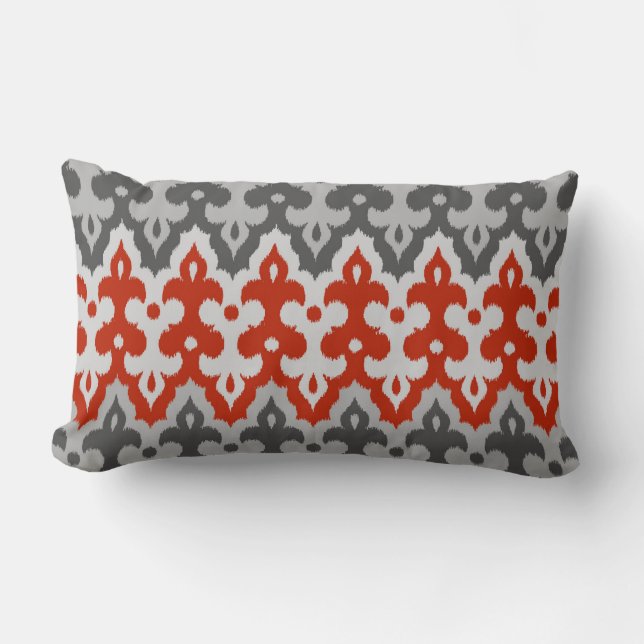 Moroccan Ikat Damask, Graphite Grey and Red Lumbar Cushion (Front)
